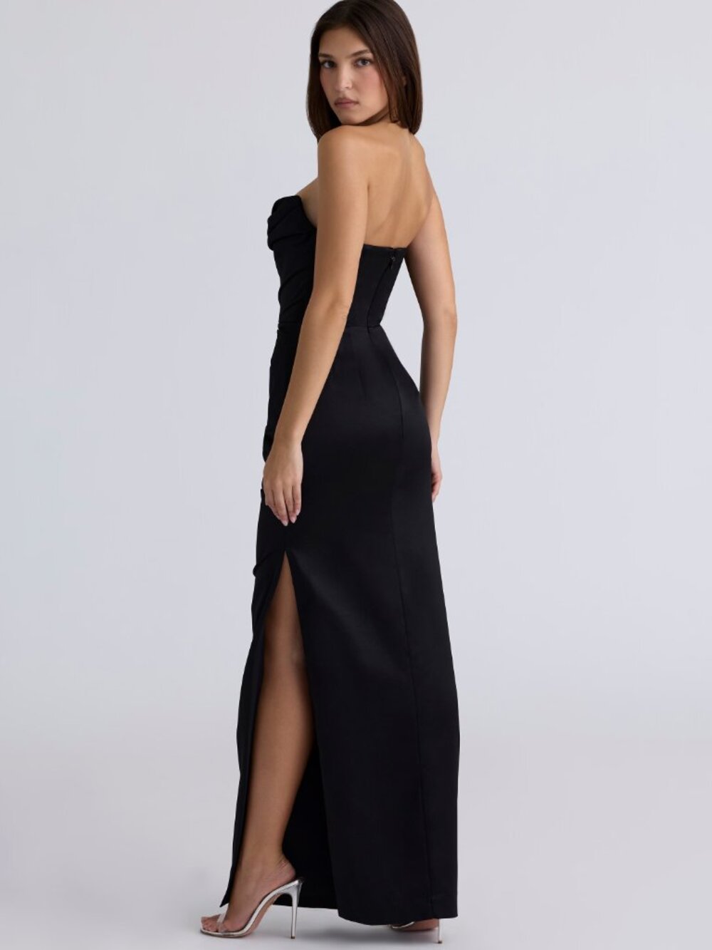 House of CB Adrienne Black Satin Strapless Corset Maxi Dress Formal Sexy Size L - Picture 2 of 10